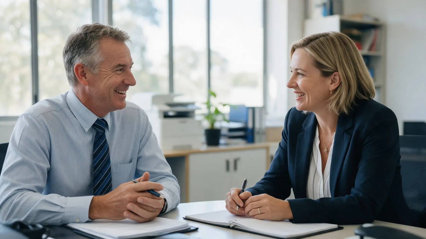 Accountant and company director discussing an ATO payment plan or a business loan