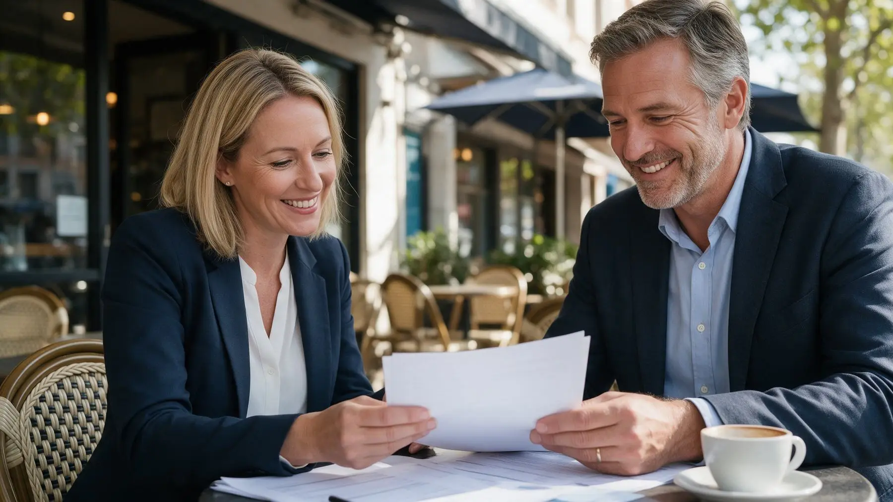 Accountant and business owner comparing a second mortgage and a caveat loan at a cafe table