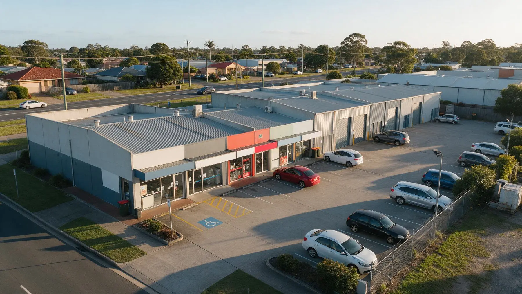 Aerial view of a suburban commercial shopping strip and units, commercial property loans