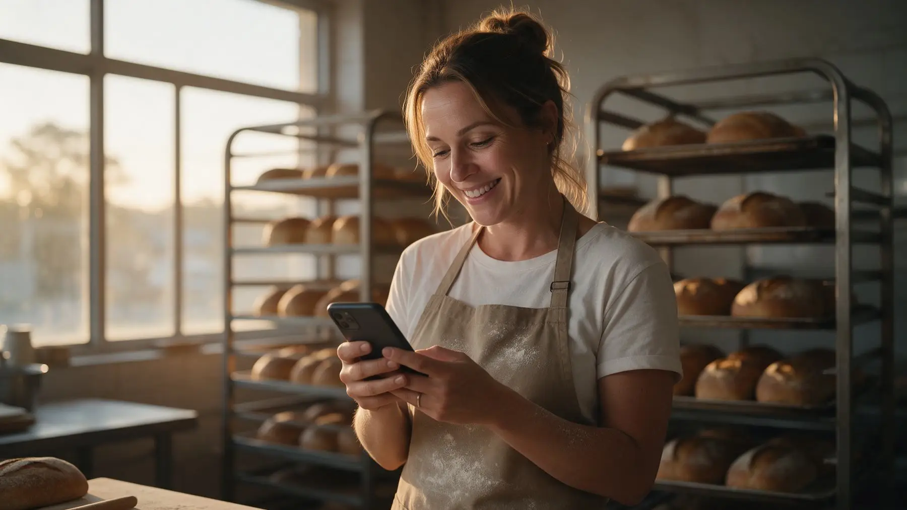 Baker checking her phone in a bakery at dawn after a fast business loan approval