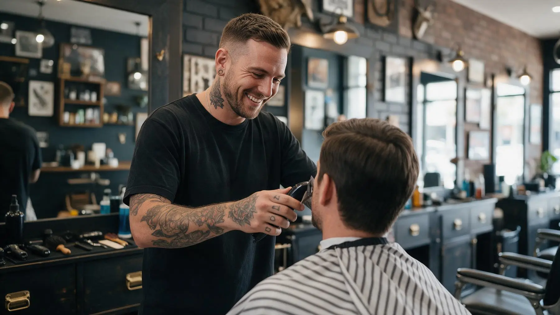 Barber trimming a customer in his barbershop, fast loans for hairdressers and barbers