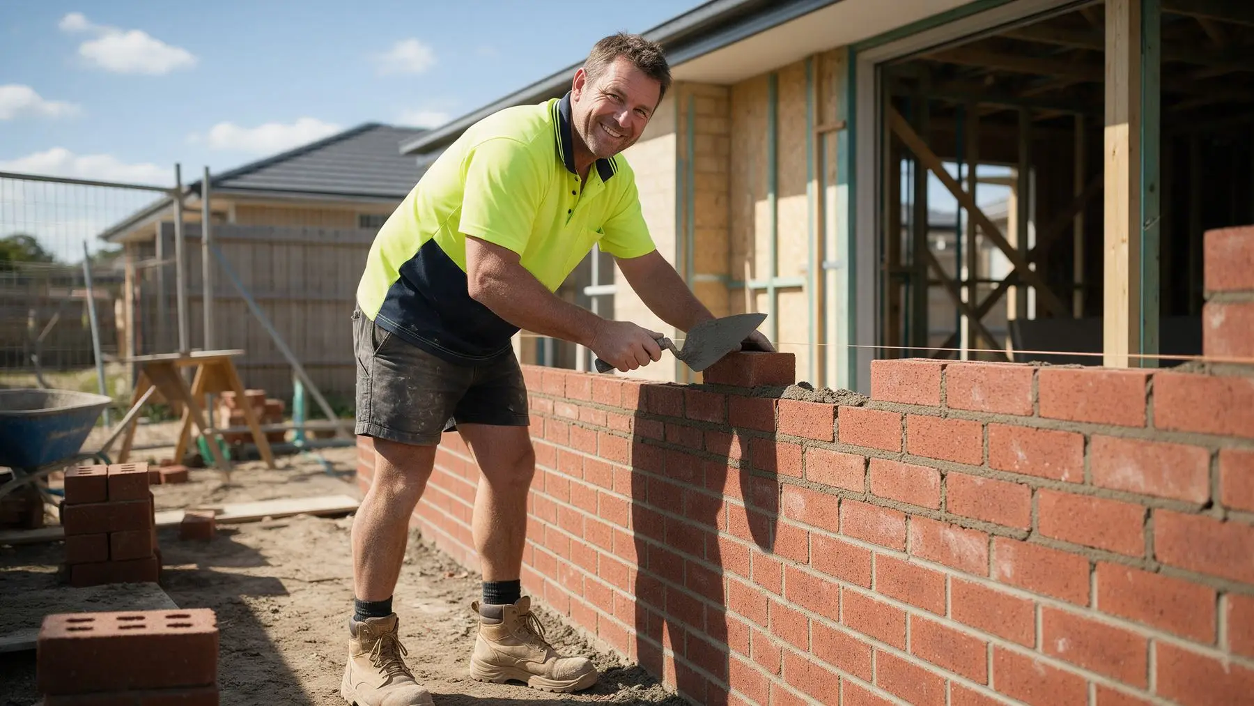 Smiling Australian bricklayer laying bricks on a new house, fast loans for bricklayers