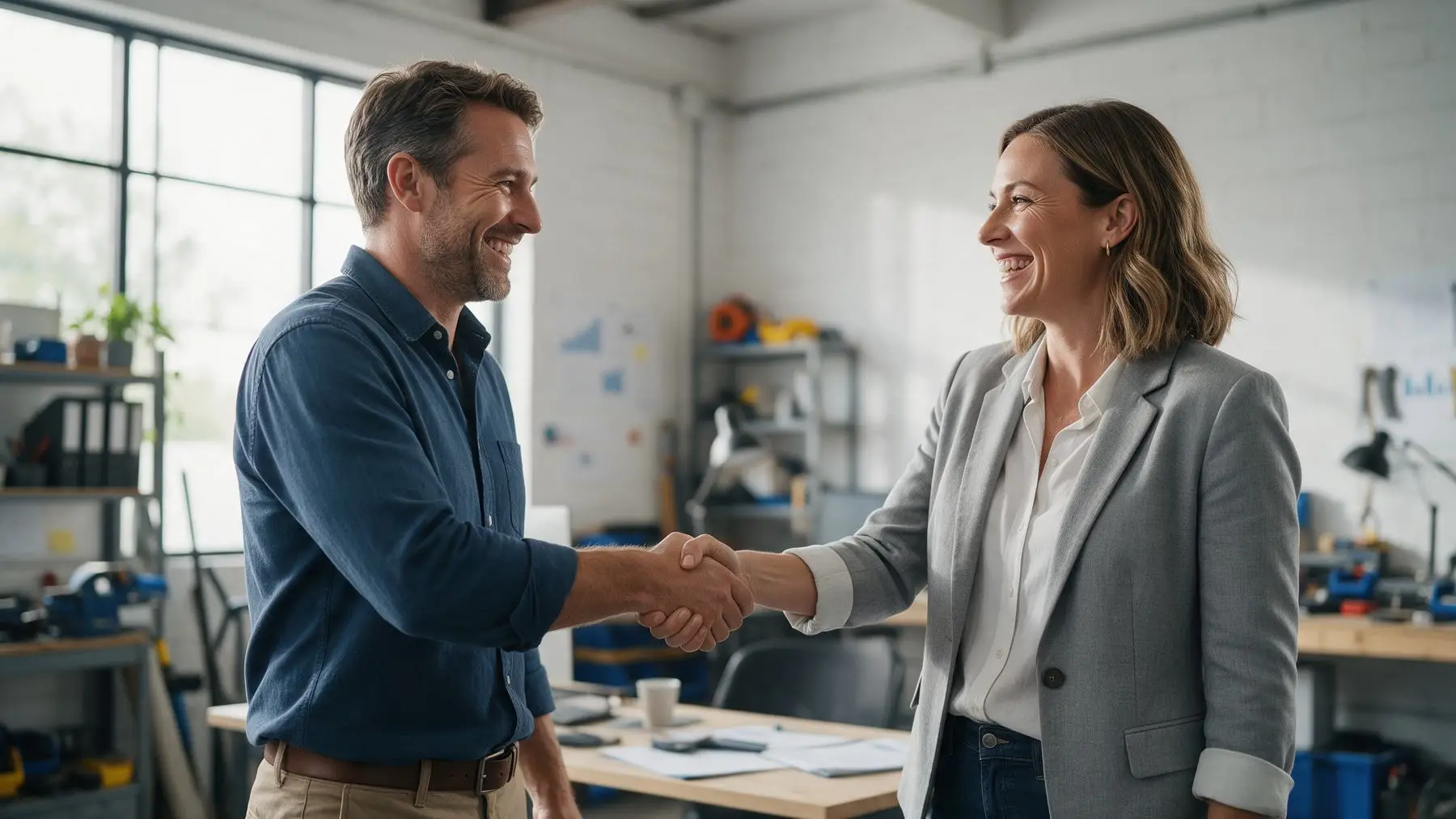 Two Australian business owners shaking hands after winning a big contract that needs funding before the first payment