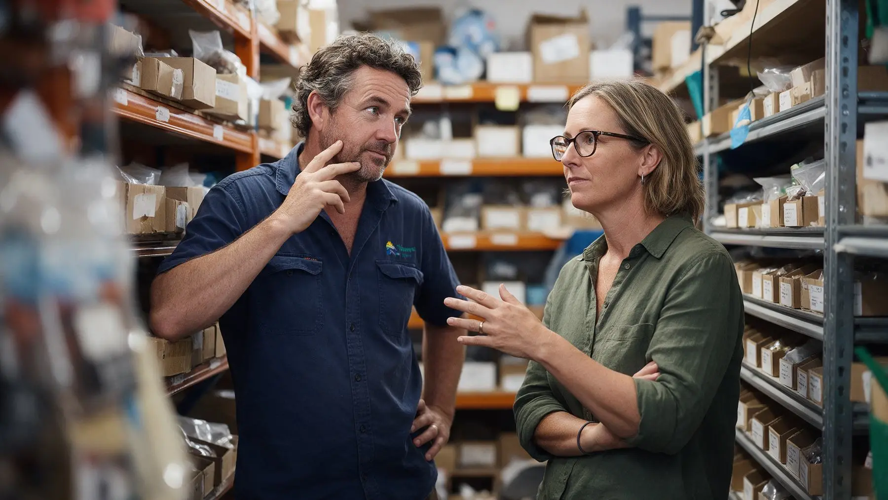 Business partners talking in a shop stockroom, comparing cash flow and property lending