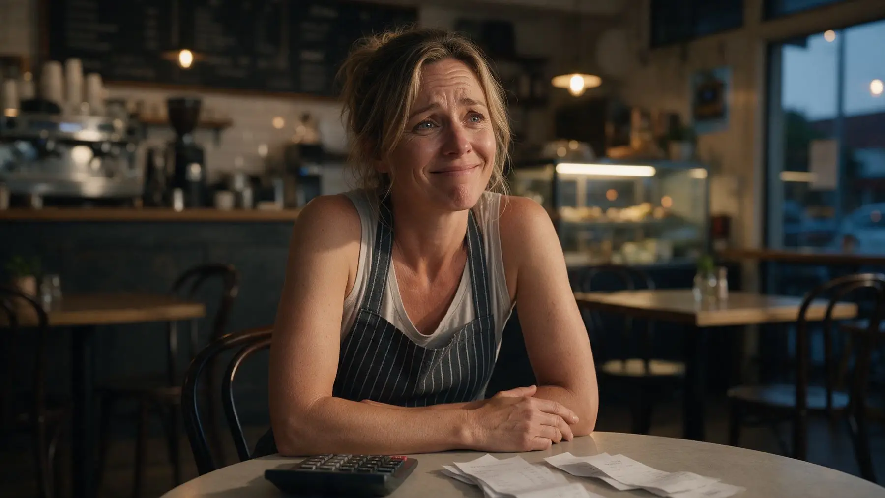 Cafe owner at a table after closing with a calculator and receipts, the tax time cash crunch