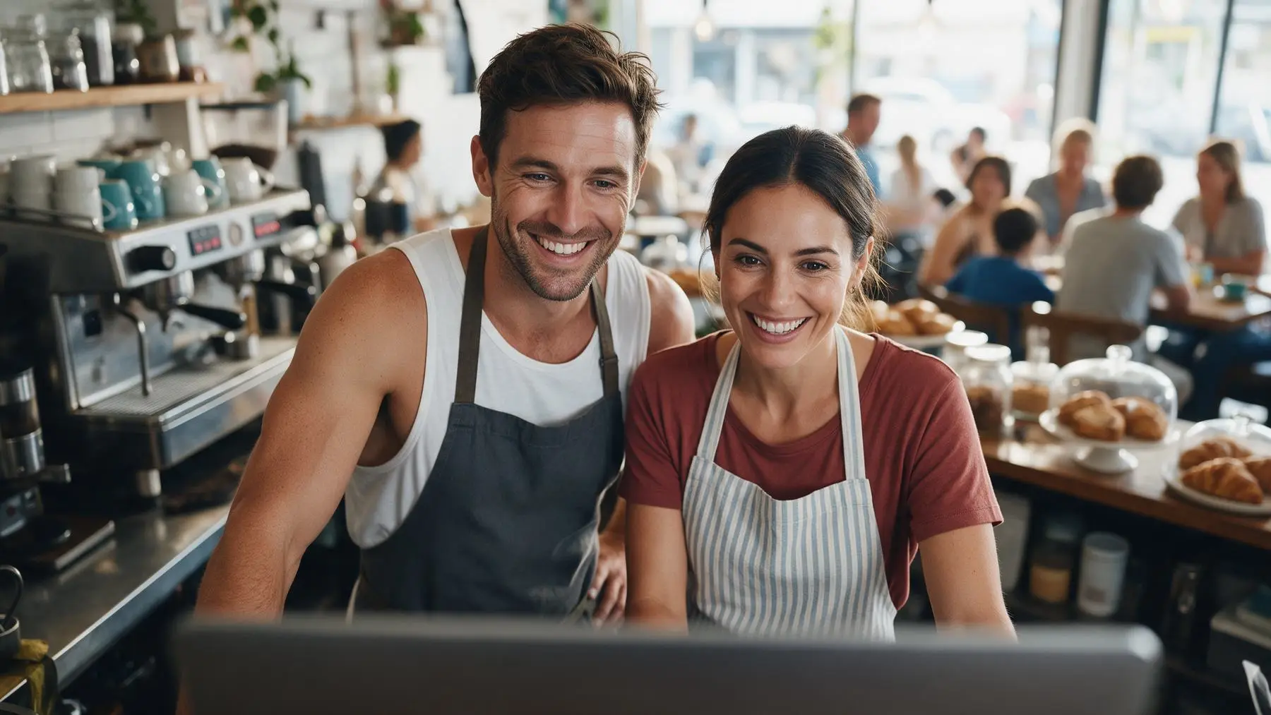 Smiling Australian cafe owners celebrating after securing a fast business loan of up to 50,000 dollars