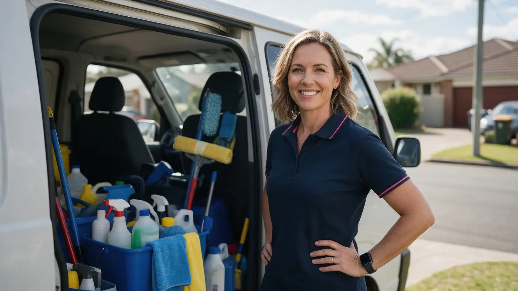 Hopeful cleaning business owner beside her work van, bad credit business loans