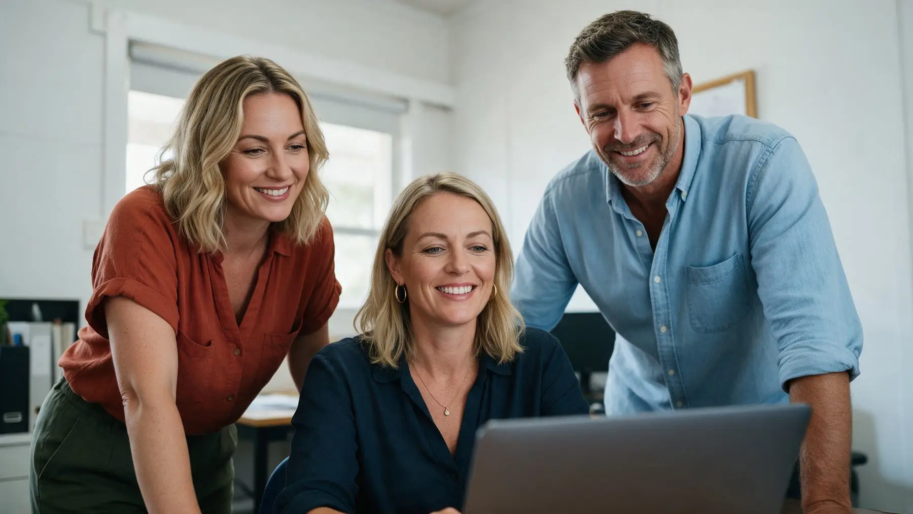 Three small business colleagues around a laptop in a small office
