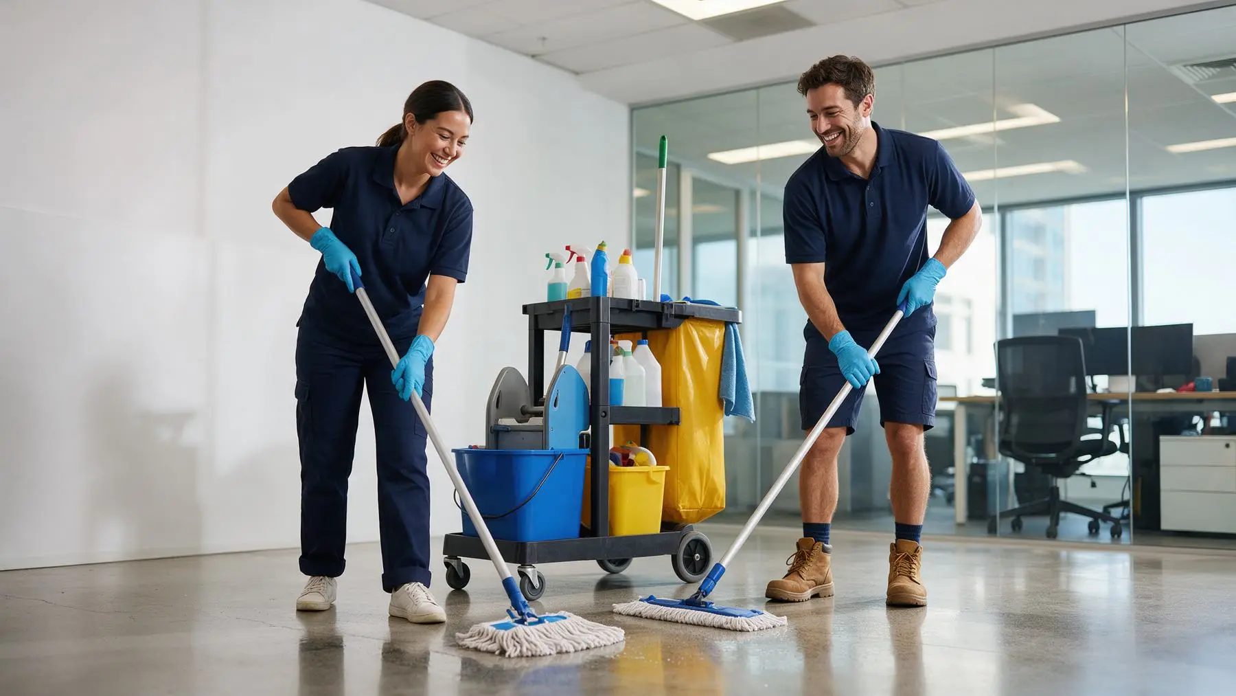 Commercial cleaners mopping a modern office, fast loans for cleaning businesses