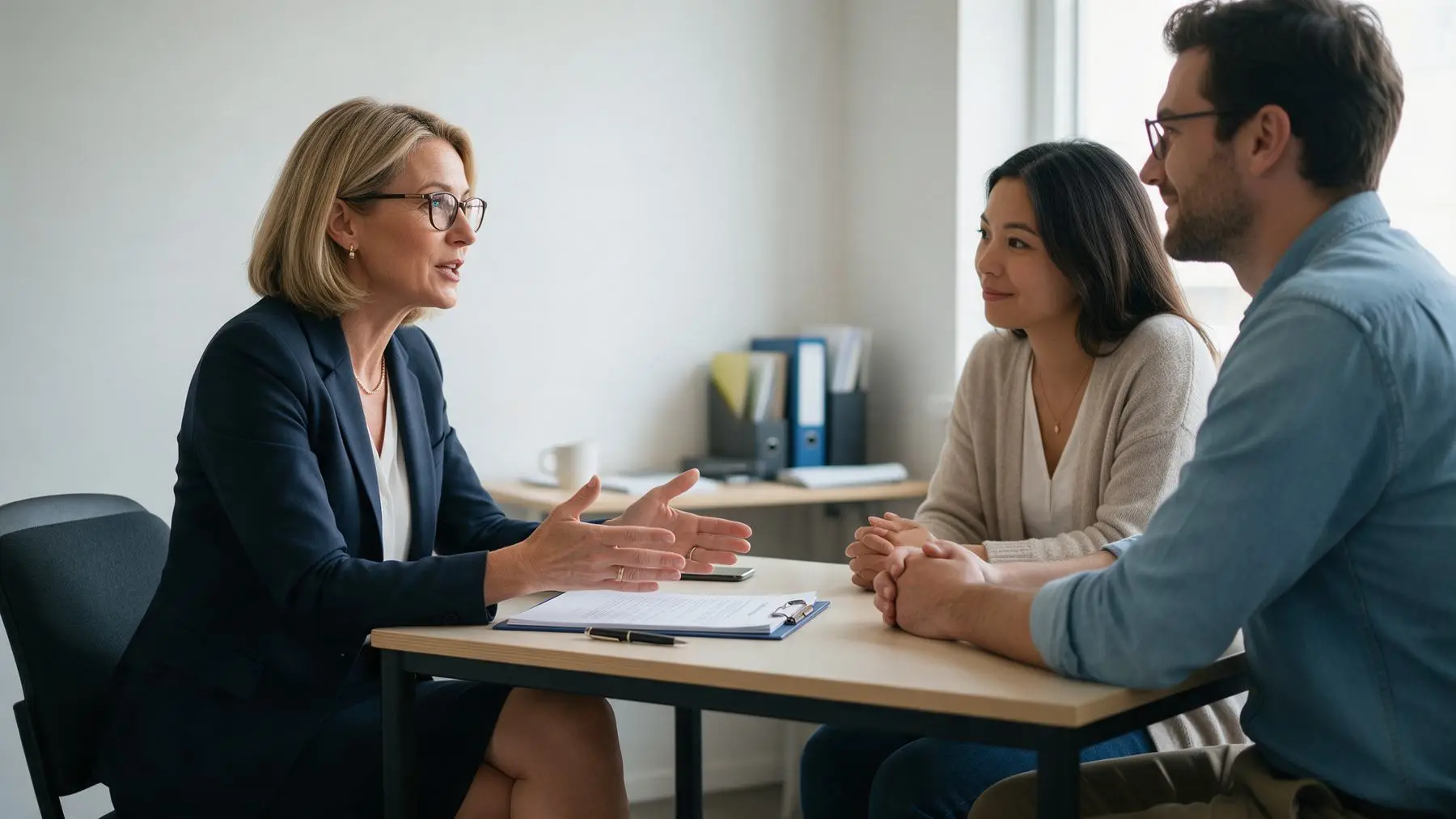 Consultant meeting two clients in a small office, finance for professional services firms