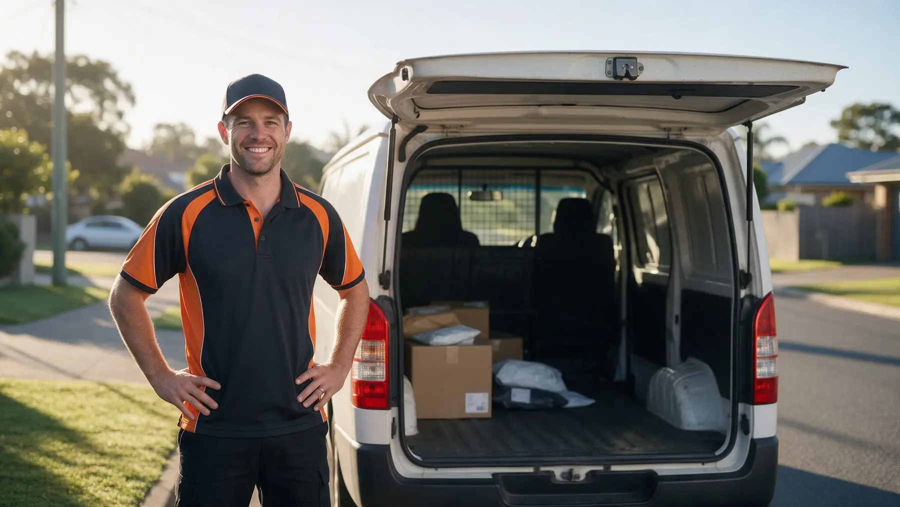 Smiling Australian courier driver beside his delivery van, fast loans for courier drivers