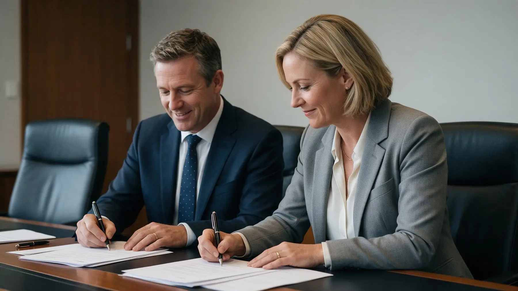 Two company directors signing documents, director guarantees and security for a business loan