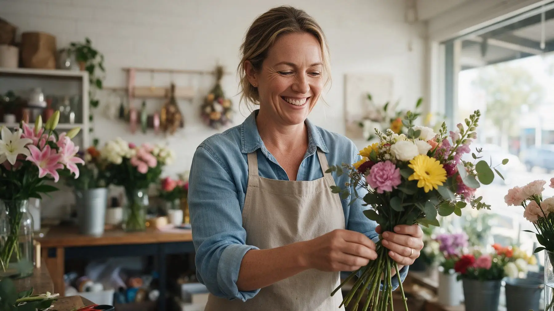 Smiling Australian florist arranging flowers, a business line of credit for small business