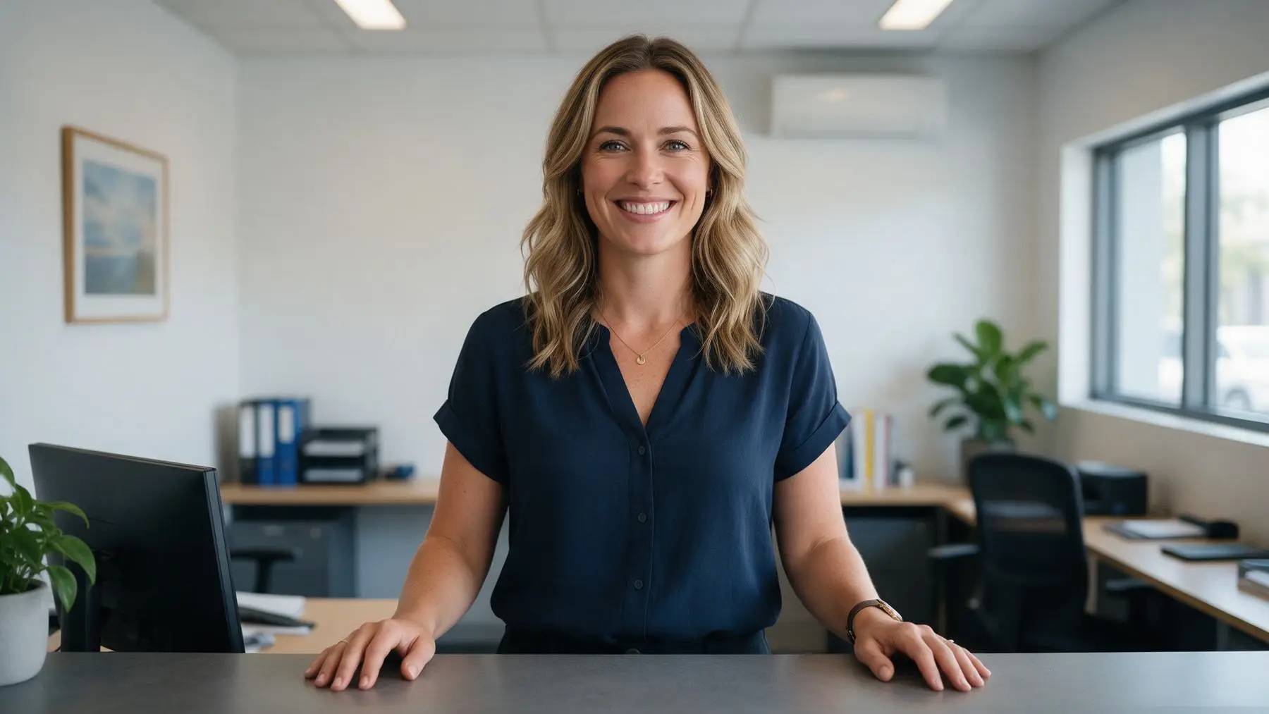 Friendly receptionist at the front desk, contact Company Cash