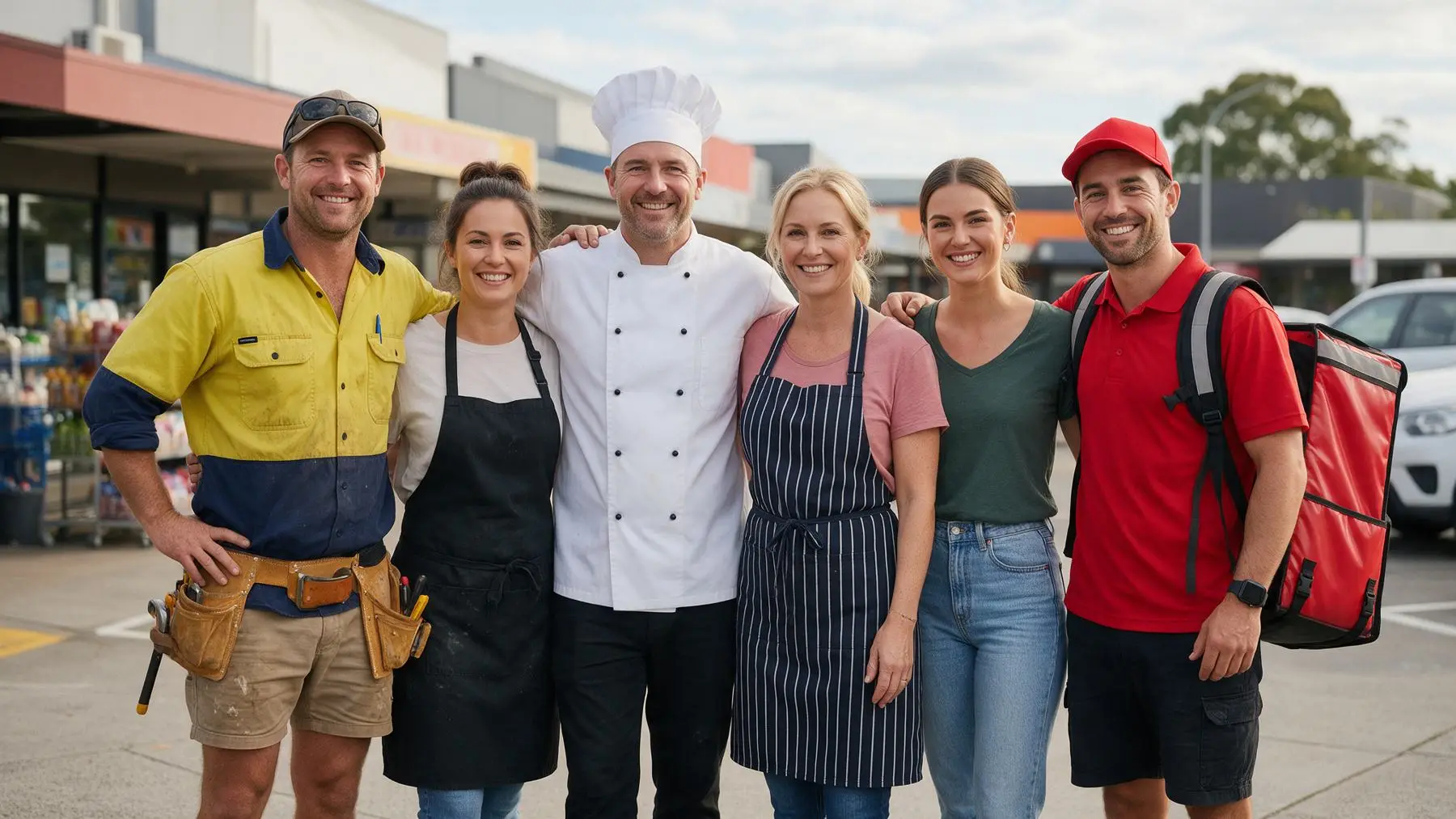 Group of small business owners from different trades outside a suburban shopping strip