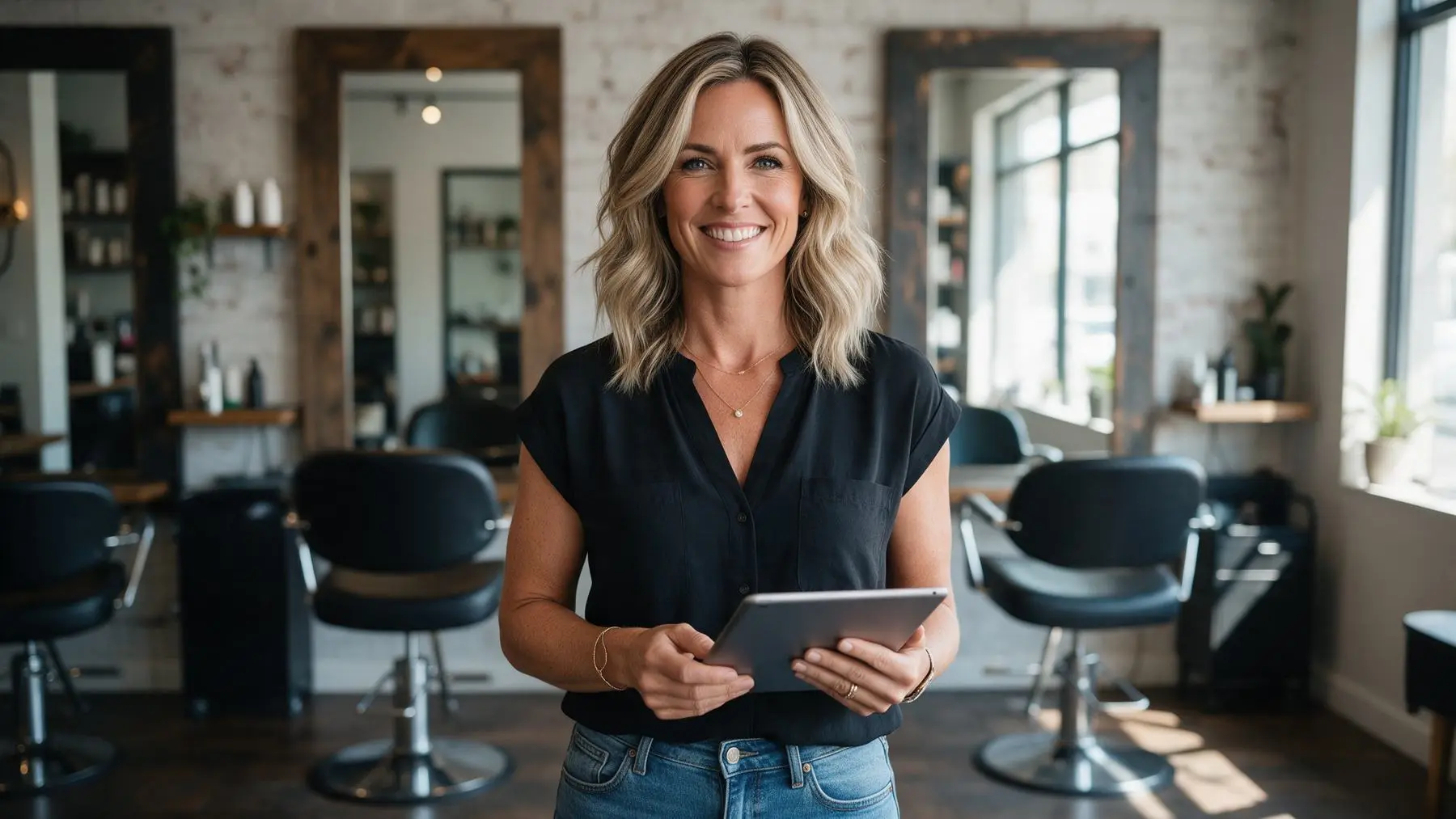 Hair salon owner checking weekly repayments on a tablet