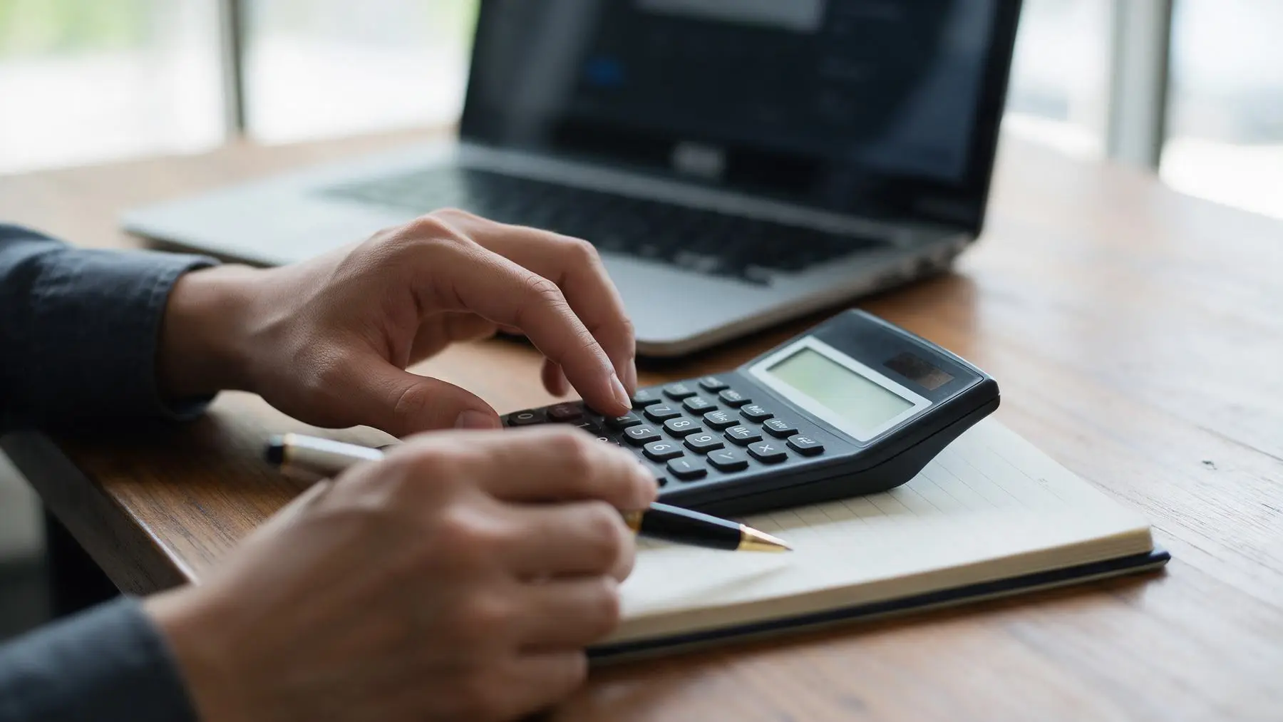 Hands using a calculator and notepad on a desk, business loan calculators