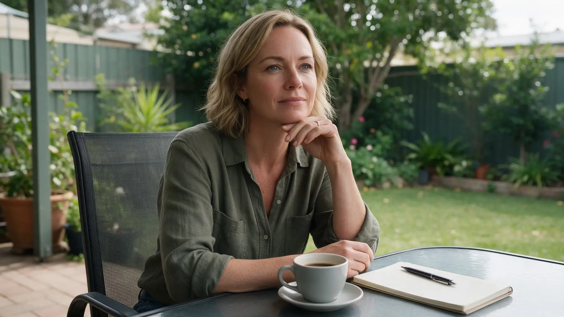Homeowner at a backyard table with a coffee, second mortgage business loans