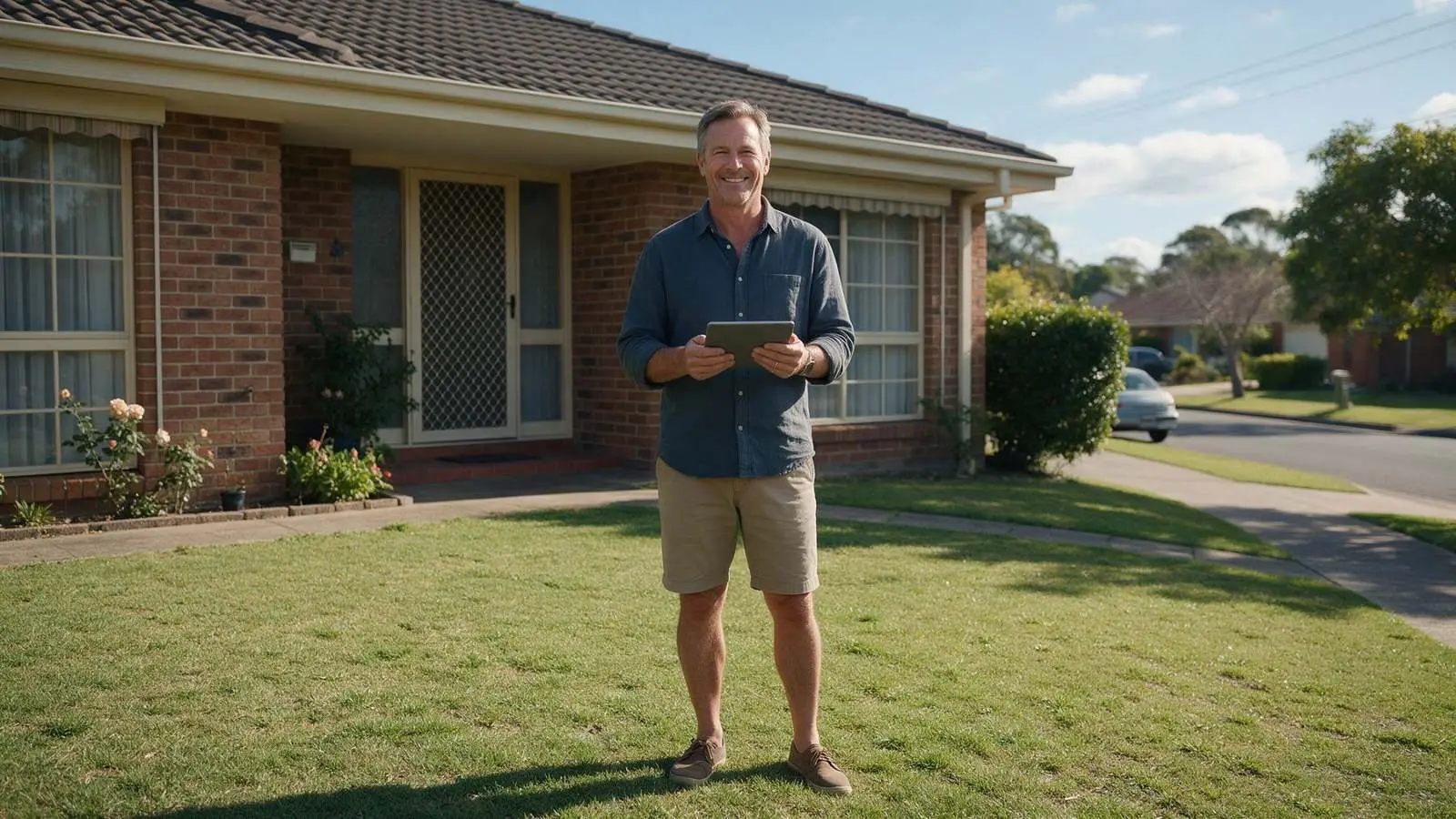 Australian property owner on his front lawn checking loan to value ratio on a tablet