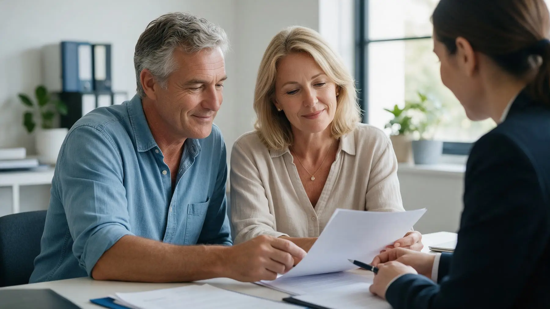 Homeowners reviewing documents with a solicitor, caveat loans for business