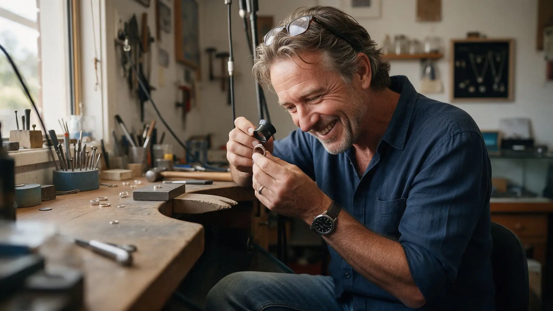 Jeweller at his workbench, business bank statements for a loan