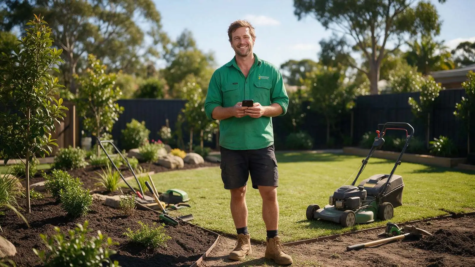 Landscaper in a finished garden checking his phone, a loan to pay overdue business debts