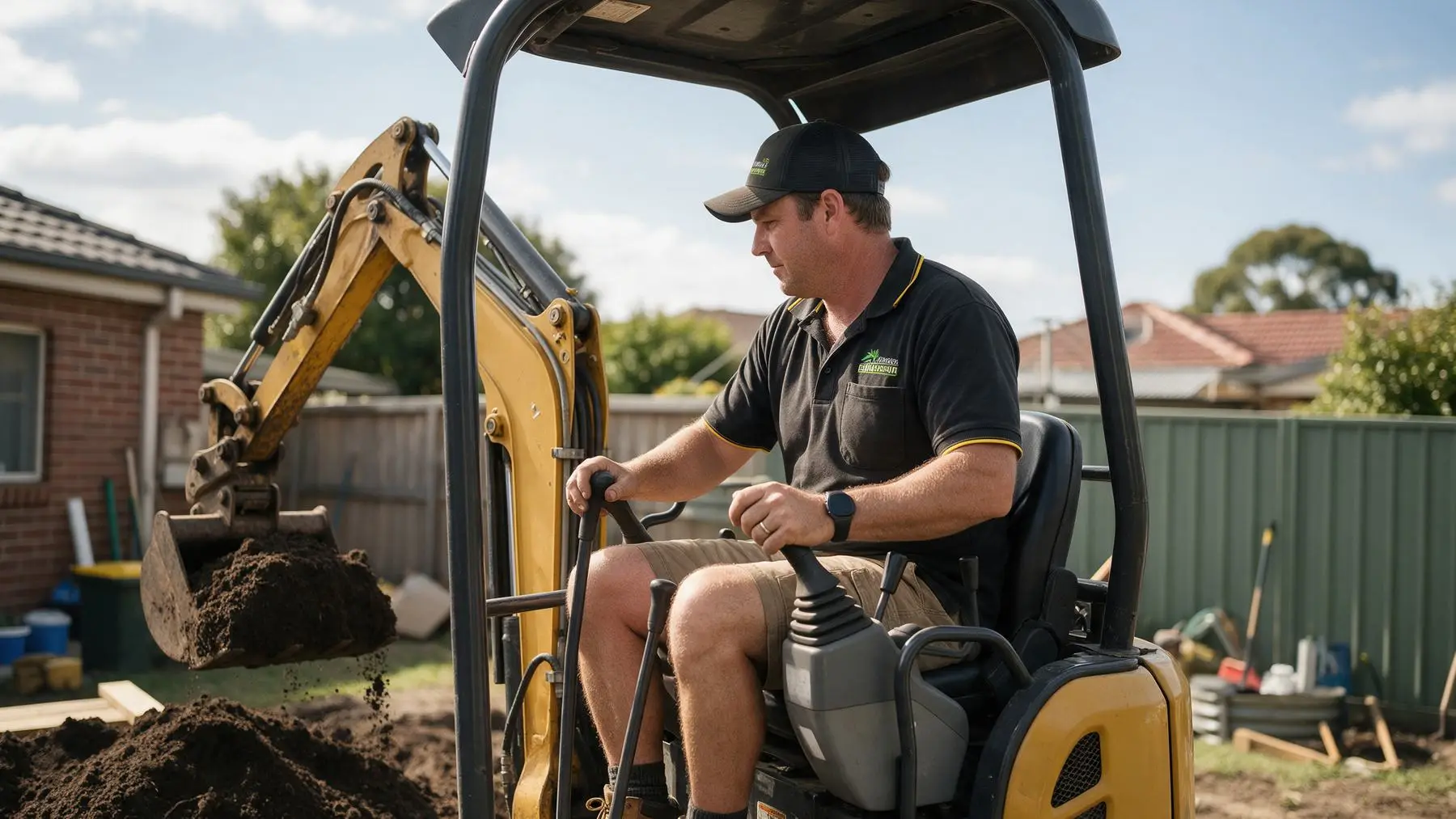 Landscaper operating a mini excavator in a suburban backyard, fast loans for landscapers