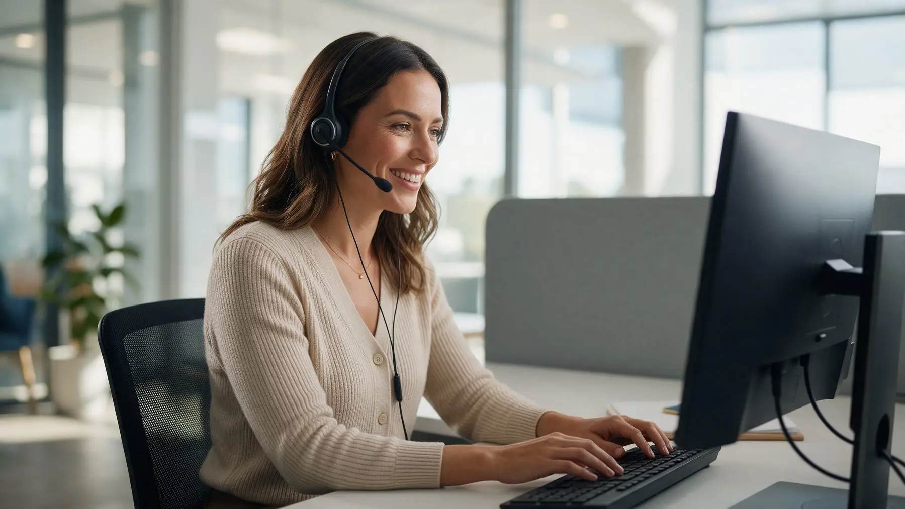 Friendly Australian loan specialist with a headset on a call explaining how lenders decide on business loans