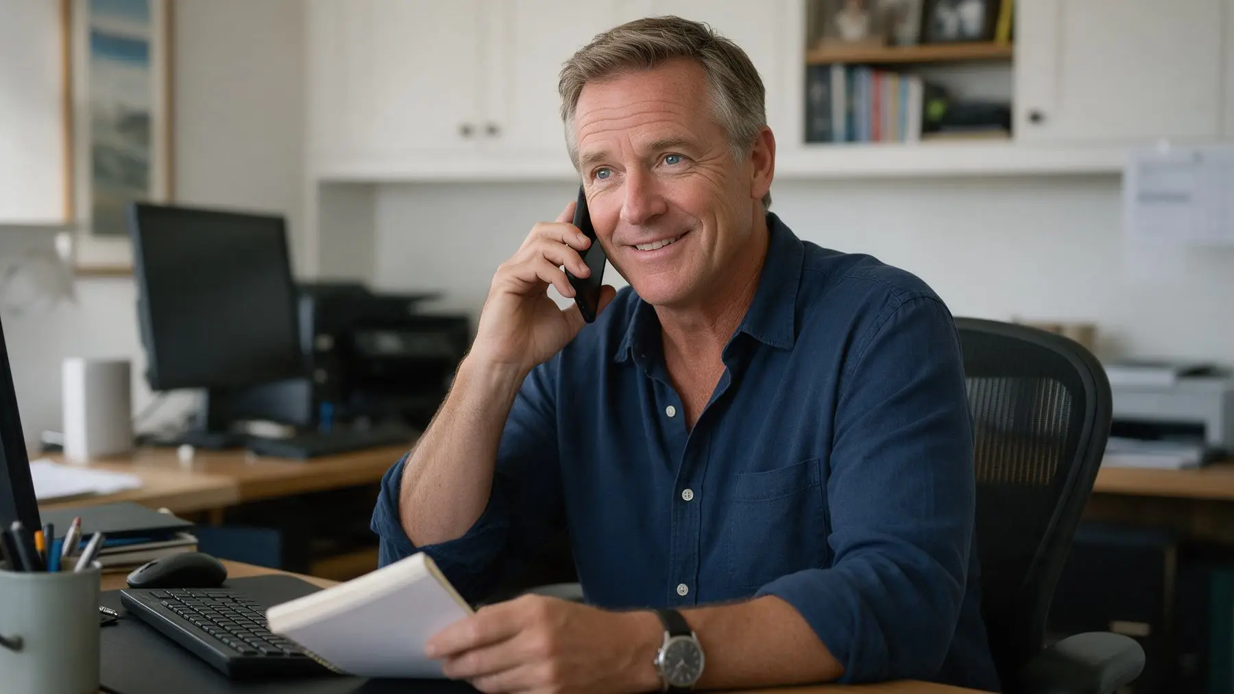 Man taking notes on a phone call, answering questions about business loans