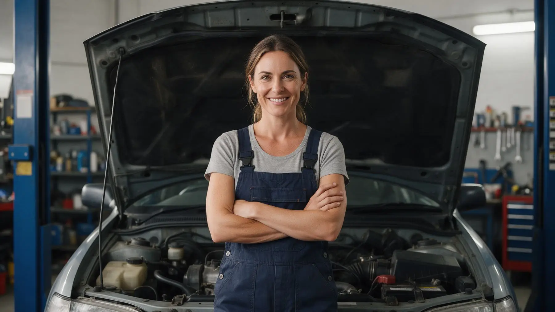 Mechanic standing at an open bonnet in her garage, fast loans for auto repair workshops