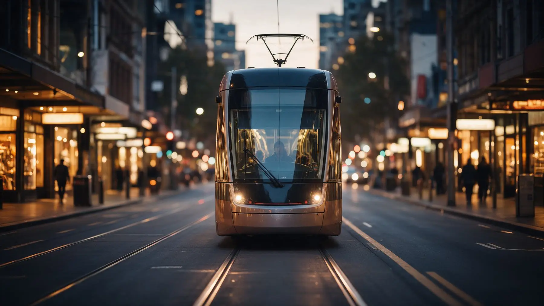 Melbourne tram on a city street at dusk