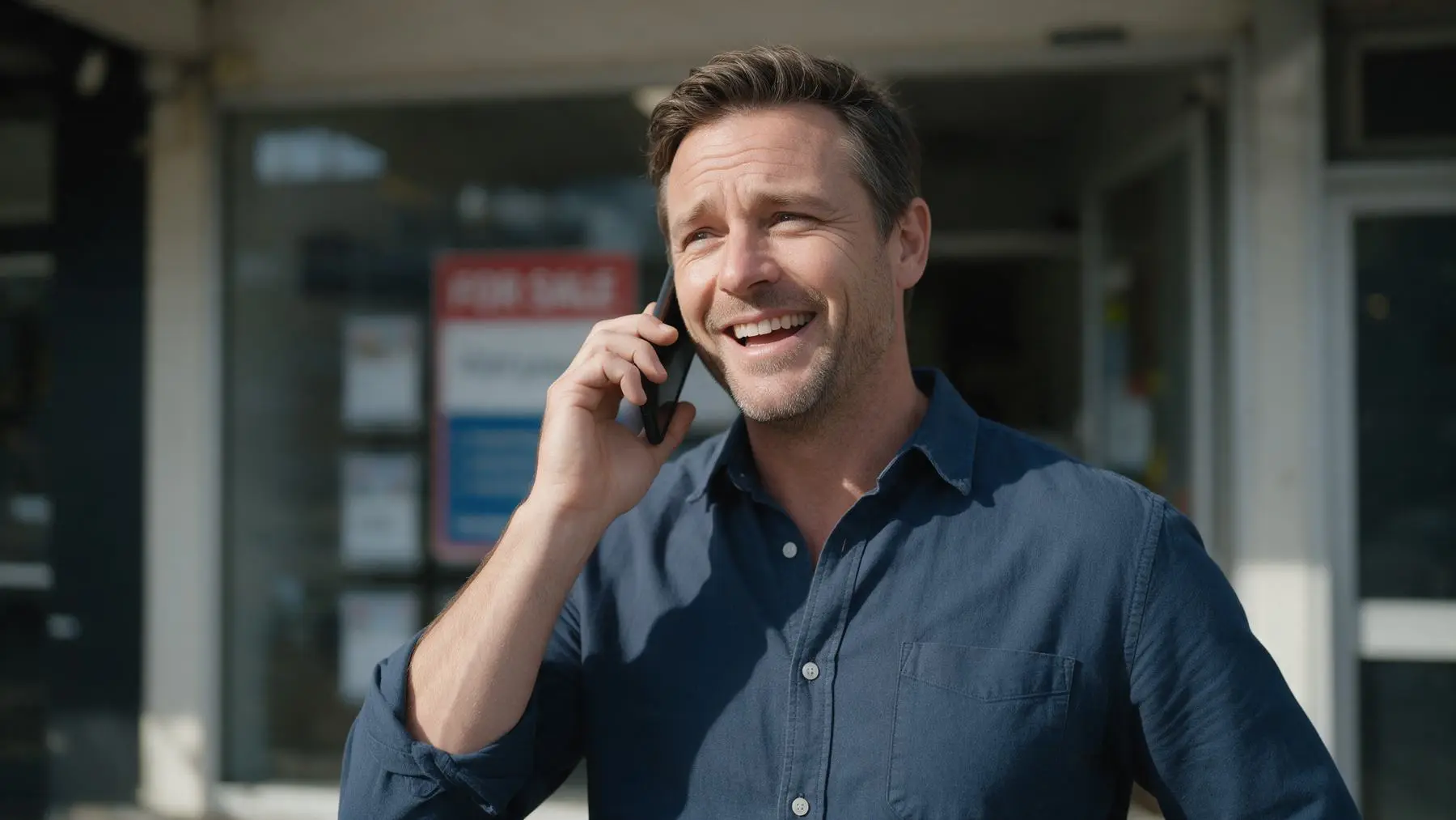 Business owner on the phone outside a commercial shopfront, secured bridging finance for a company