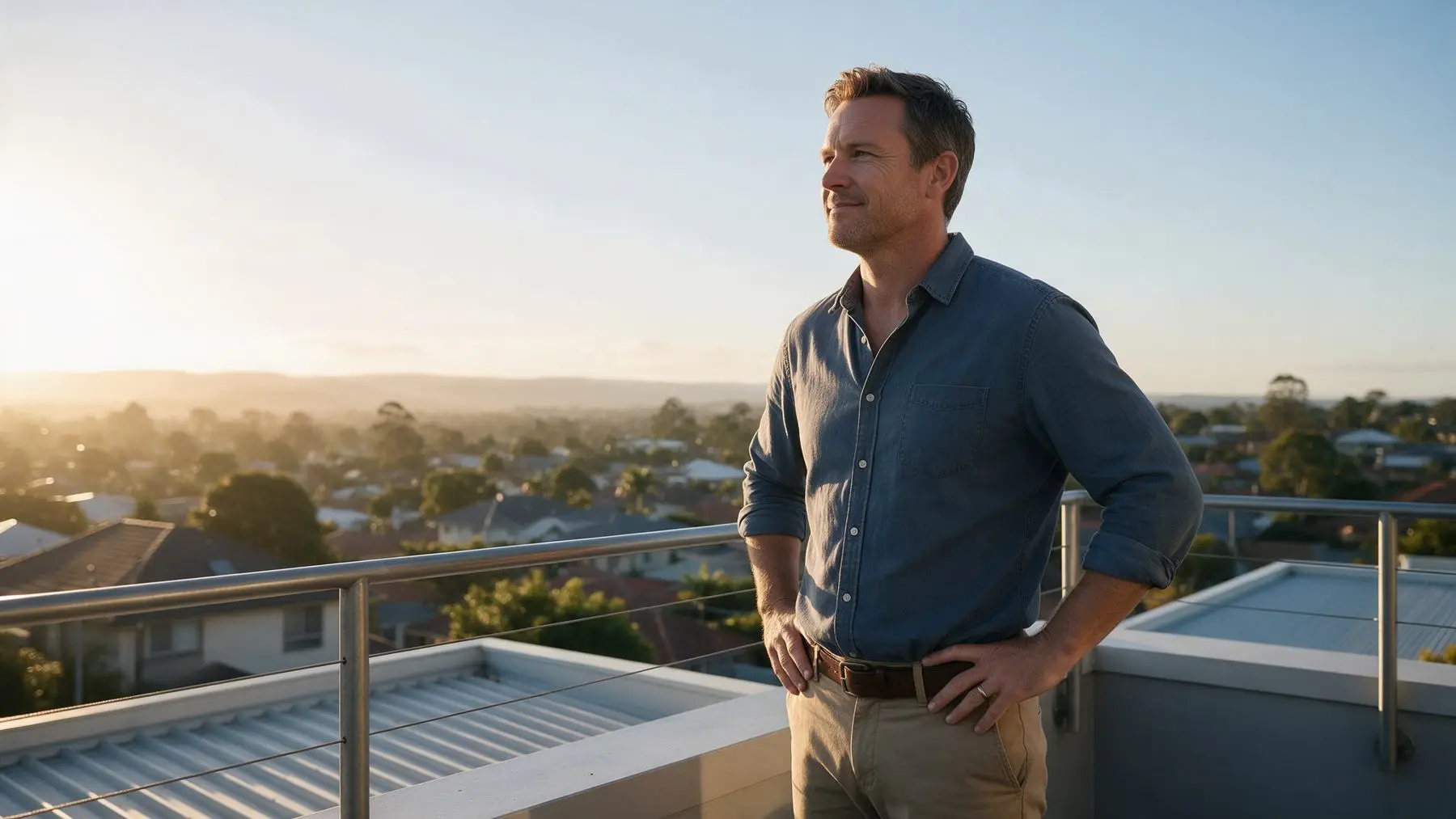 Business owner on a rooftop terrace at sunrise, property equity and LVR calculator