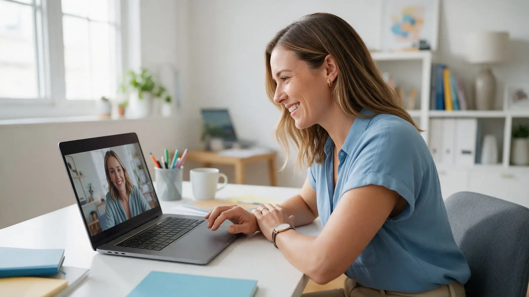 Business owner on a video call at her home office, how a Company Cash business loan works