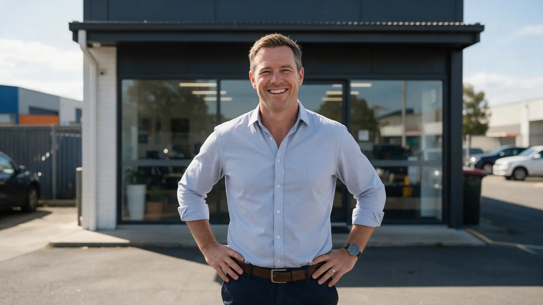 Business owner outside his commercial property, first mortgage business loans