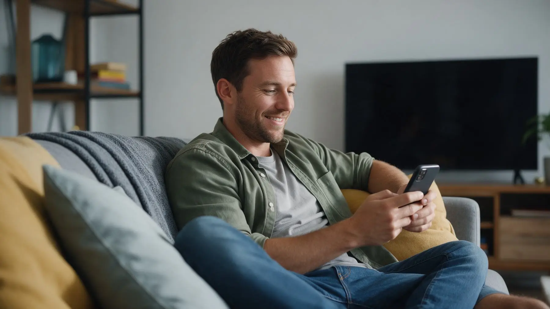 Relaxed business owner on the couch with his phone, easy loans for business with almost no questions