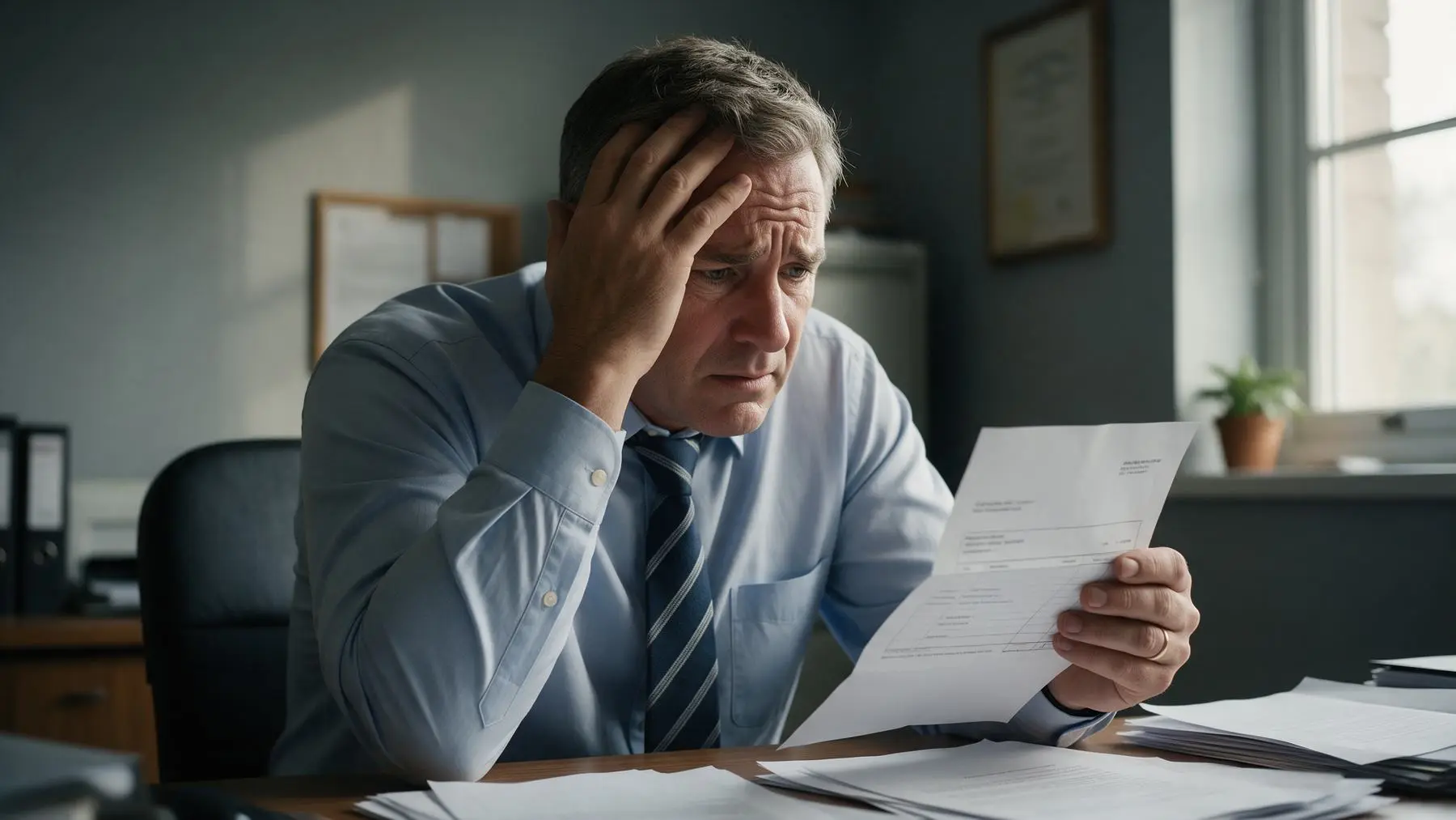 Worried Australian business owner reading an overdue tax bill from the ATO
