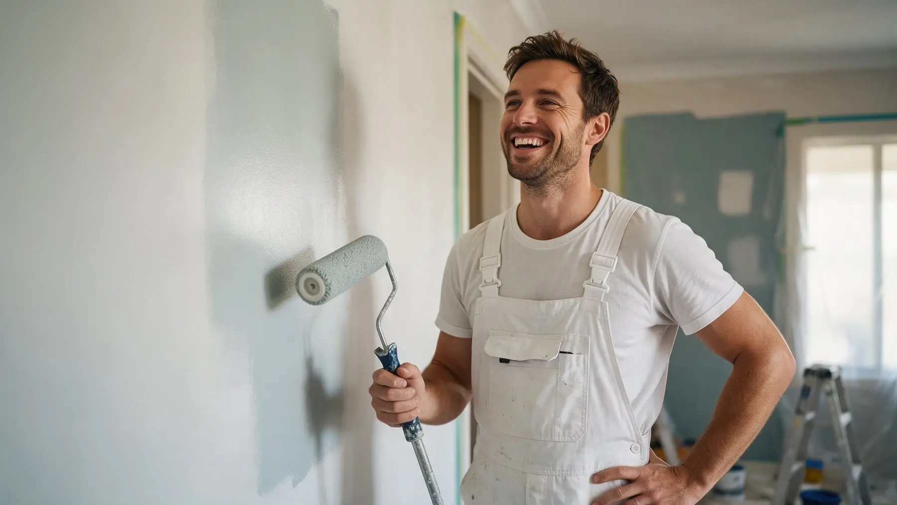 House painter laughing beside a freshly painted wall, fast business loans for painters