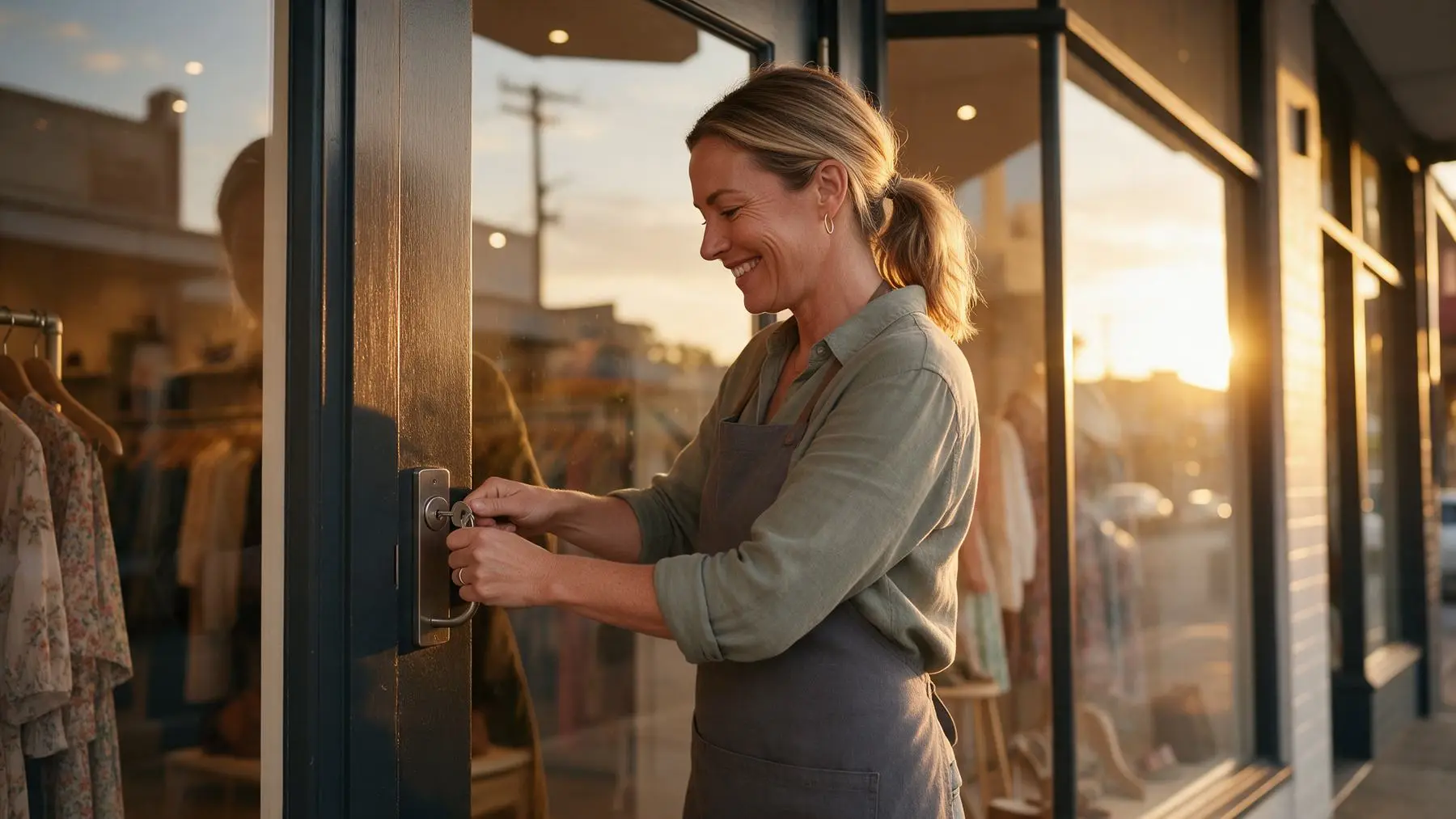 Shop owner locking up her boutique at sunset, smiling