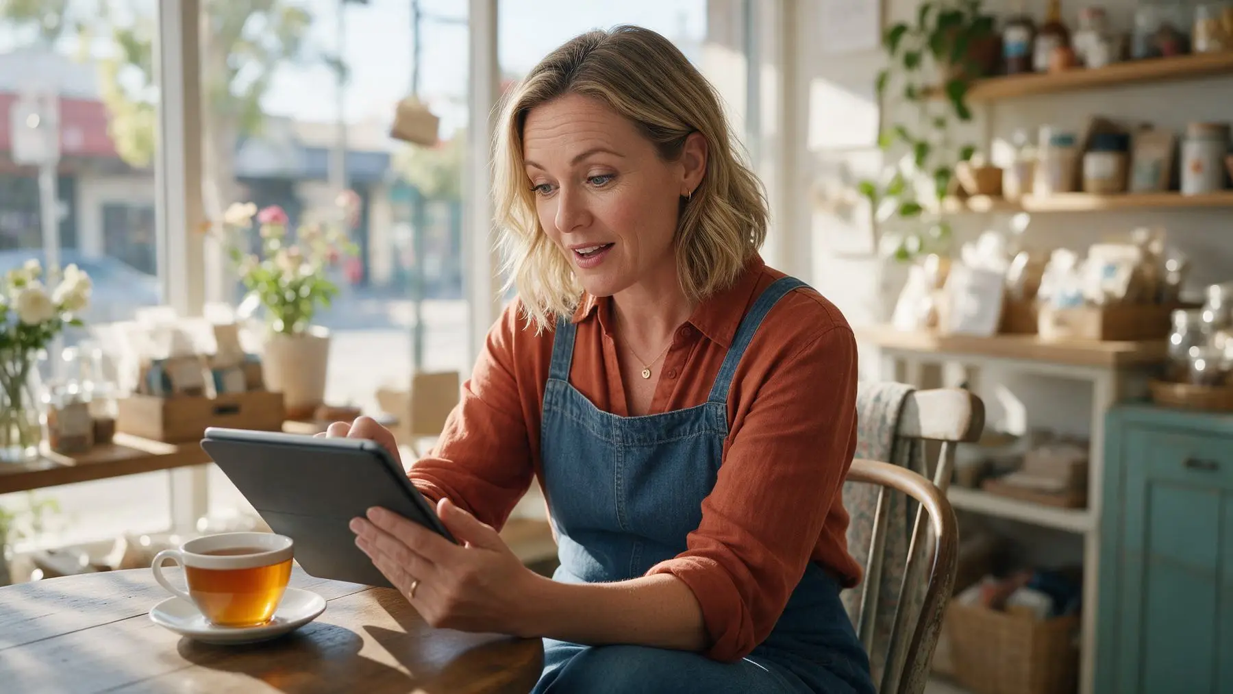 Shop owner reading business loan guides on a tablet