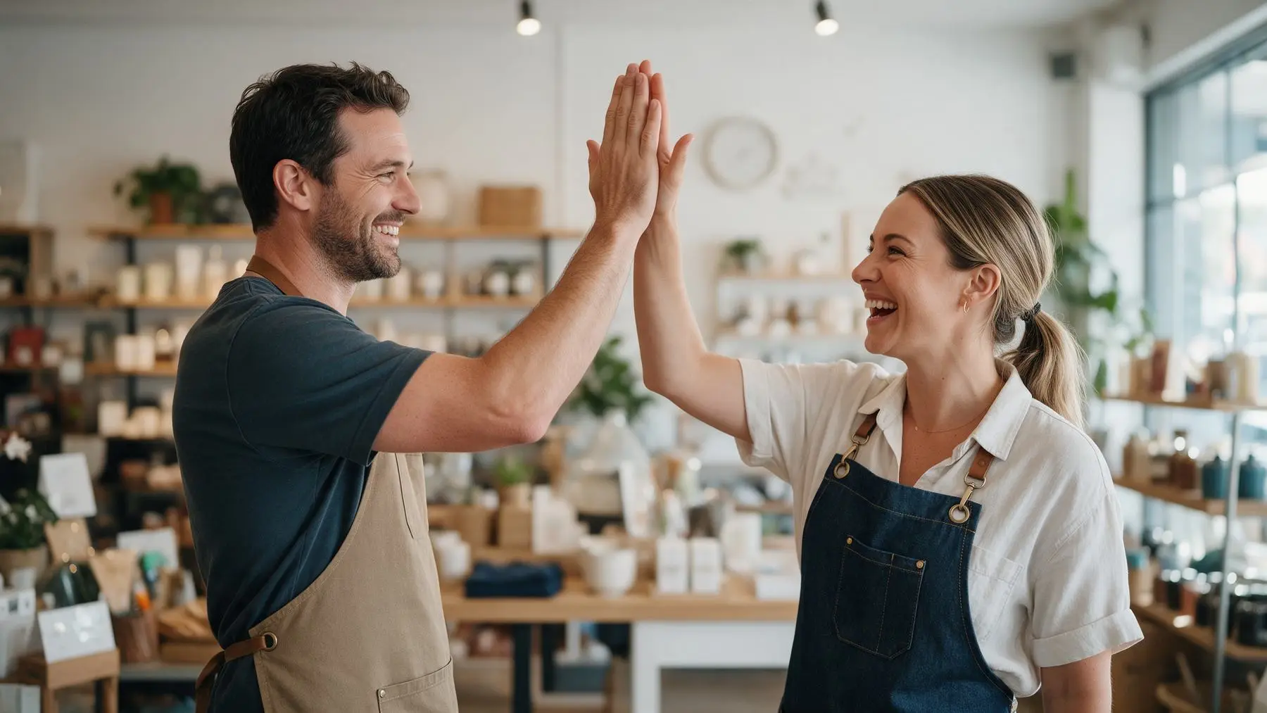 Two shop owners high-fiving, small business loans from 20k to 50k