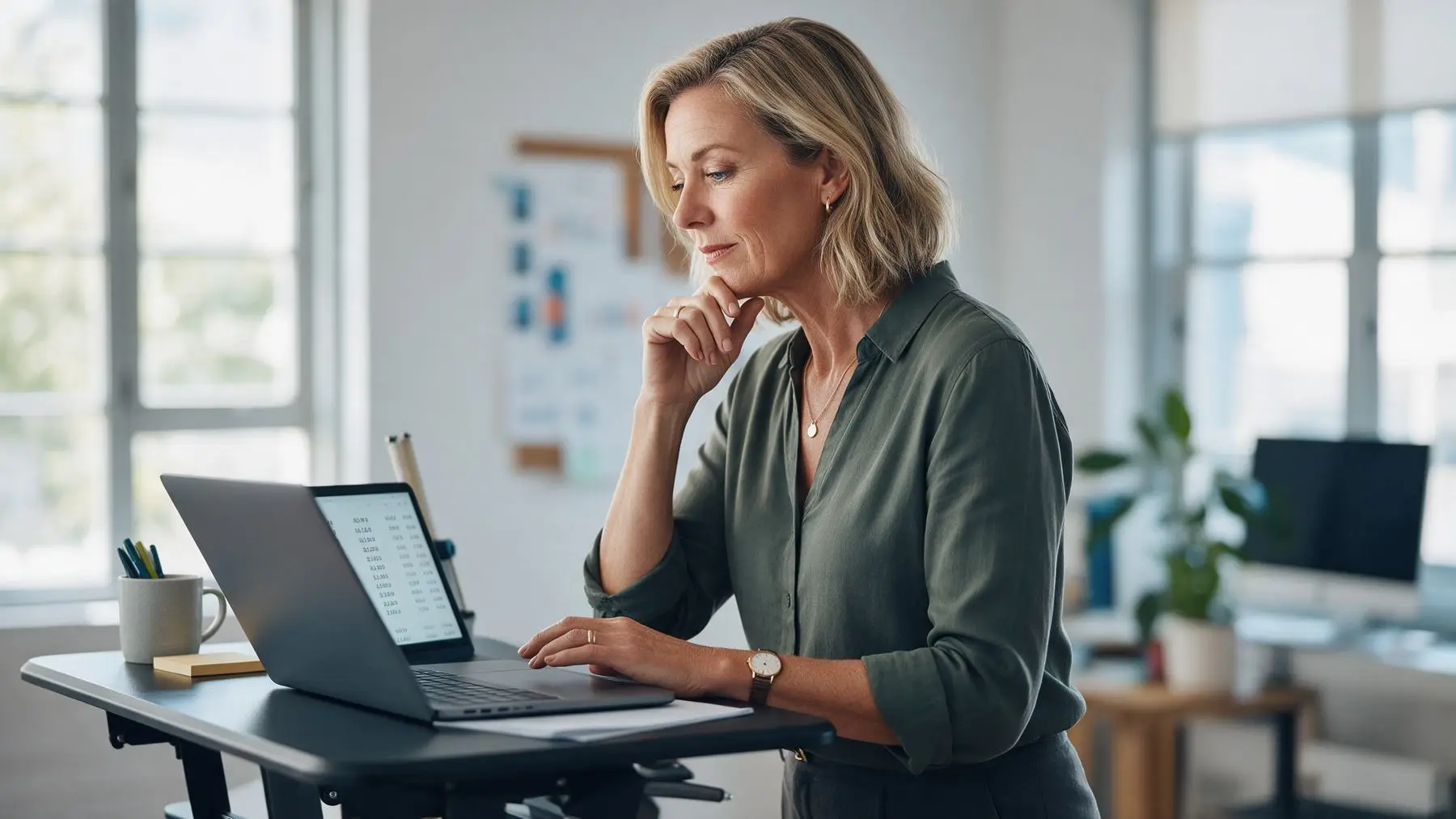 Business owner reviewing figures at a standing desk, borrowing power calculator