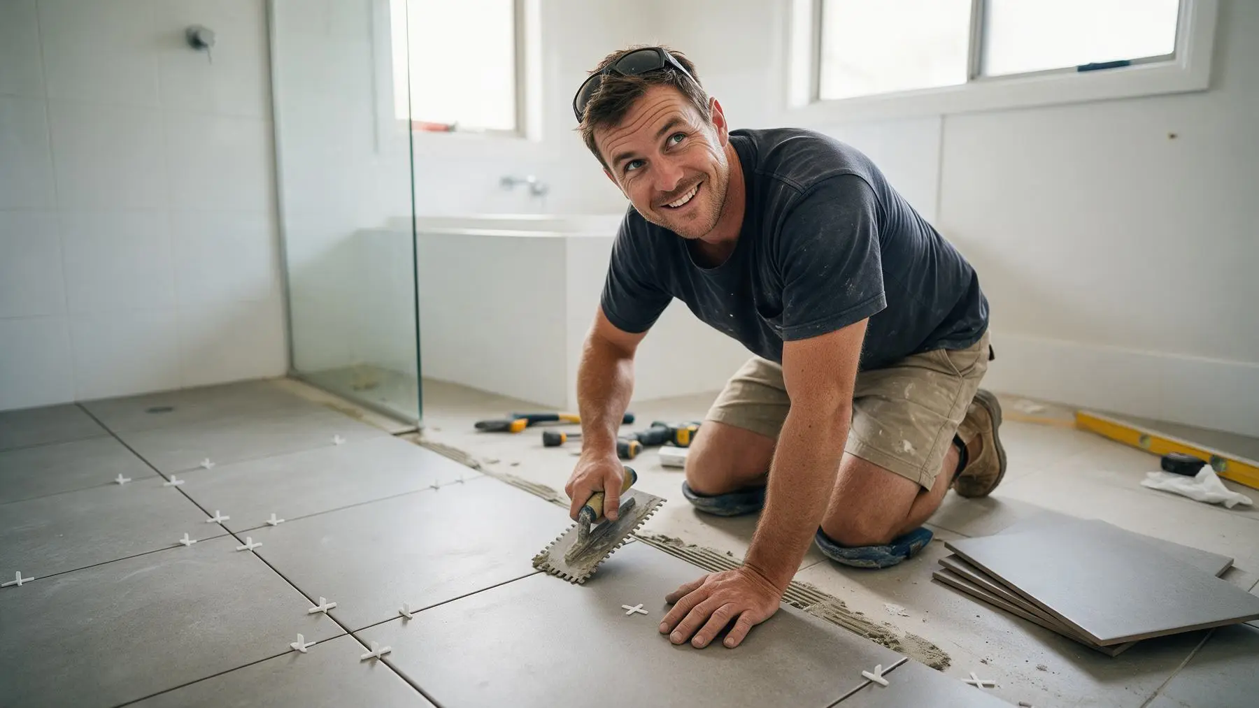 Australian tiler laying bathroom floor tiles, fast business loans for tilers