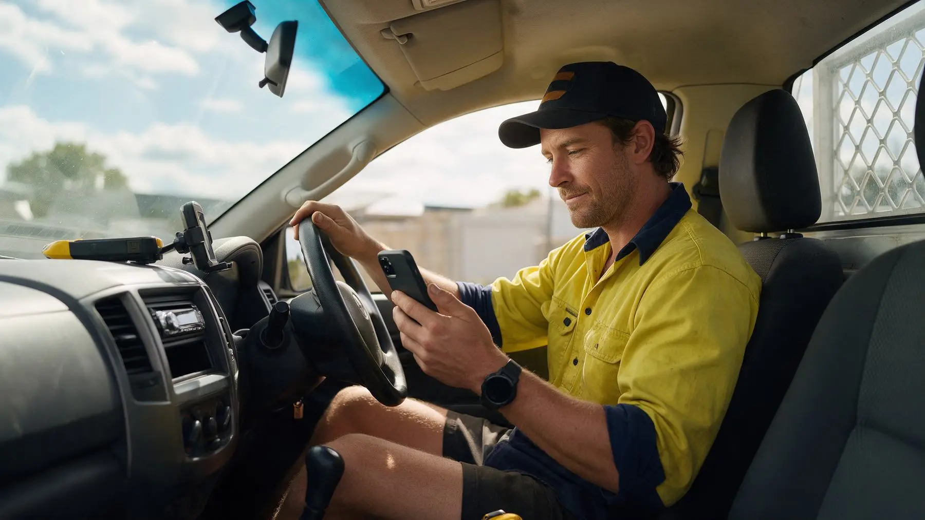 Tradie in his ute checking loan repayments on his phone