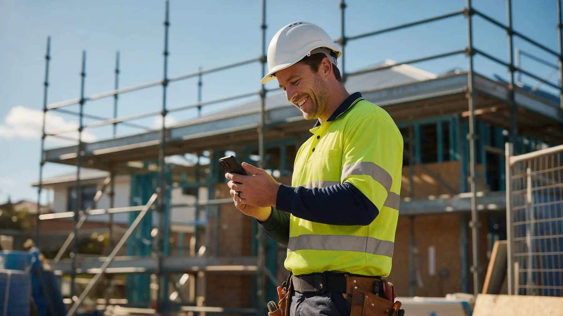 Happy Australian tradie on a building site checking his phone after approval of a fast secured business loan