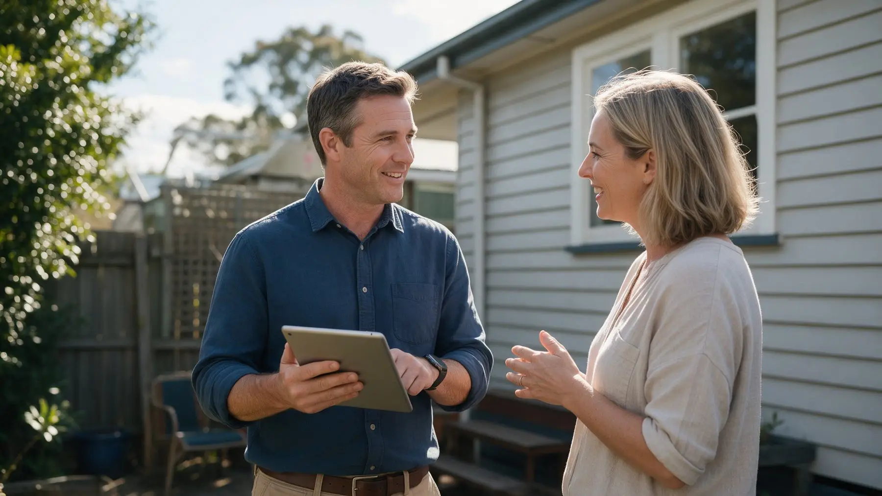 Property valuer and homeowner outside a weatherboard house, property valuations