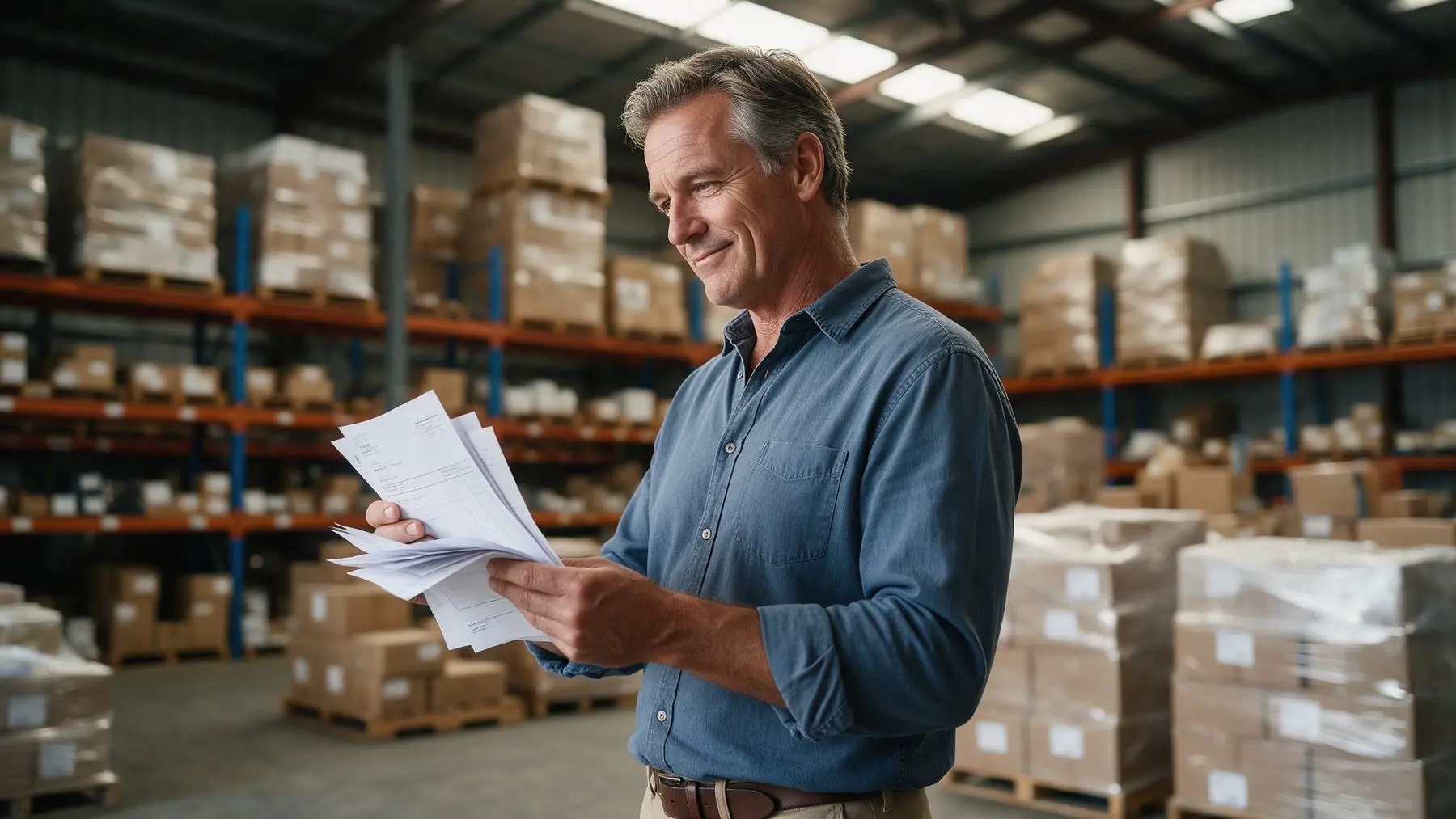 Mature Australian business owner in a warehouse checking unpaid invoices for invoice finance