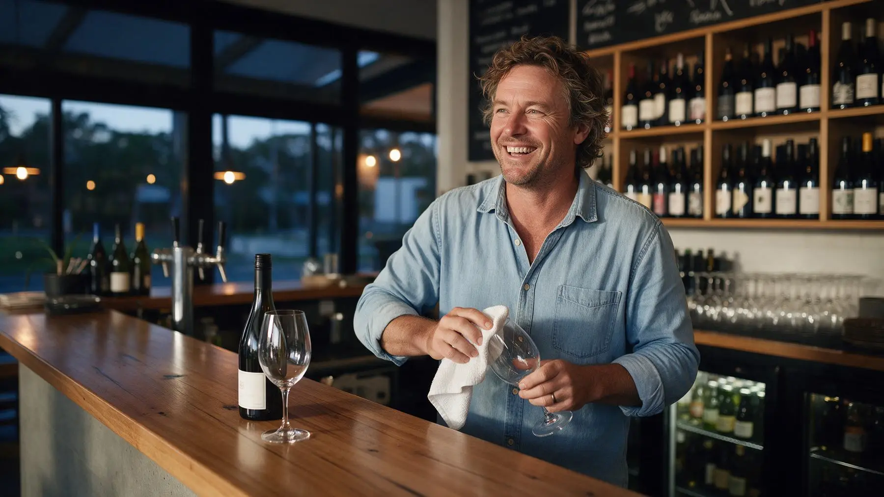 Wine bar owner polishing glasses, preparing your company for finance in 30 days