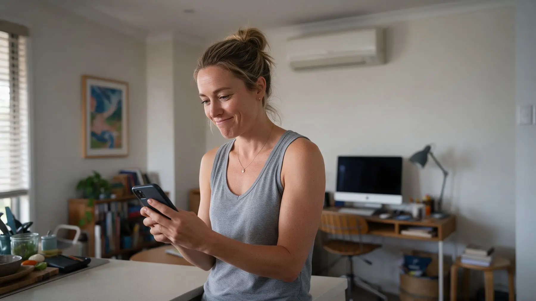 Woman checking her phone at the kitchen counter, credit files and scores for a business loan
