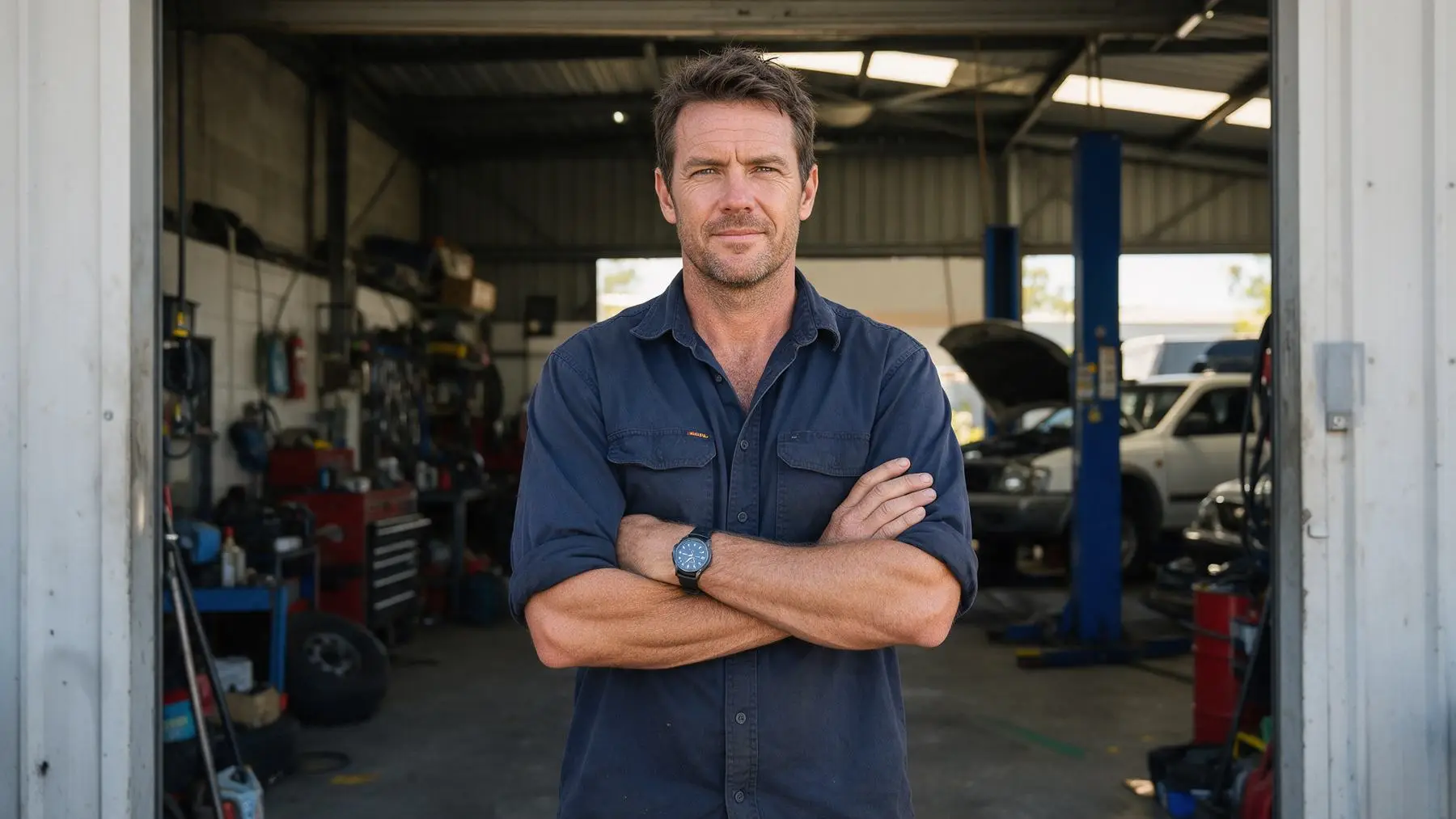 Workshop owner in his doorway with arms crossed, bad credit secured business loans